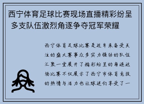 西宁体育足球比赛现场直播精彩纷呈 多支队伍激烈角逐争夺冠军荣耀